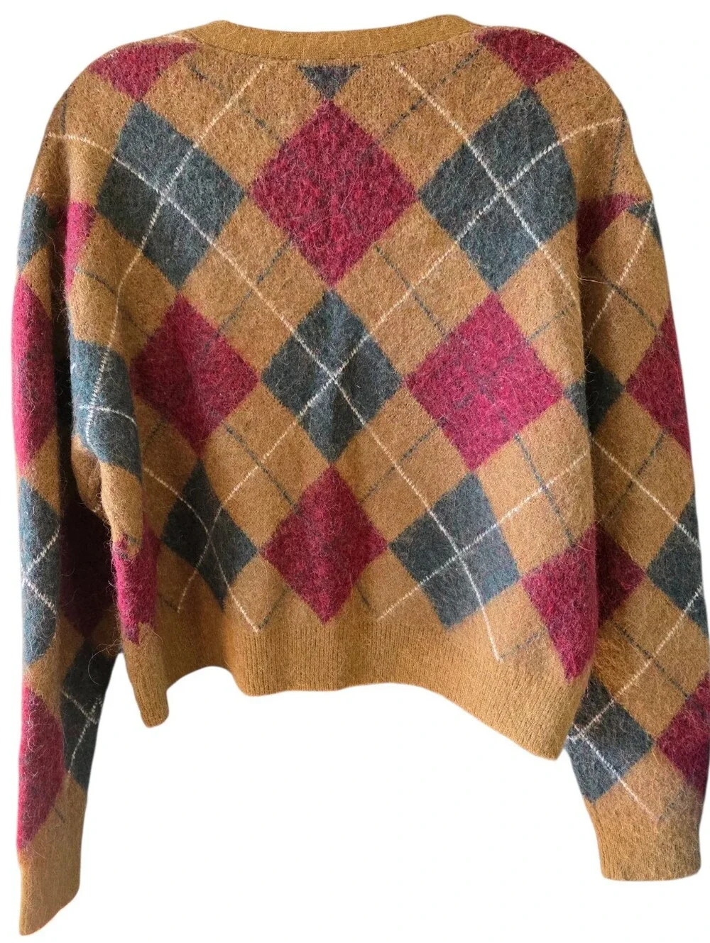 ZARA Women's Argyle V-Neck Cardigan with Green and Red Diamonds Size Medium